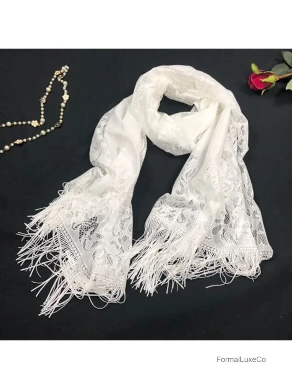Lace Shawl Wrap with Fringe Evening Wedding Floral Party